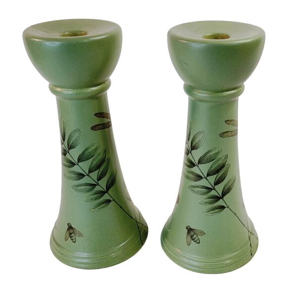 Pair Pfaltzgraff NATUREWOOD 9" Tall Green Candlesticks Candle Holders EUC USA - Picture 1 of 11